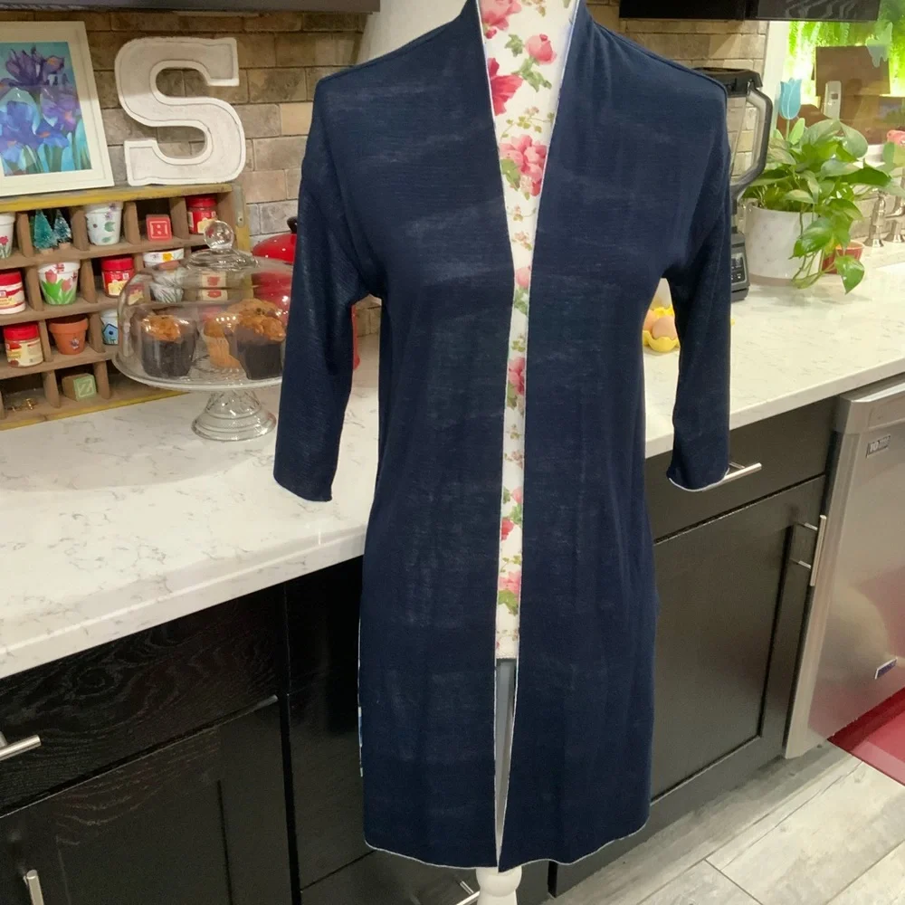 Chico's Striped Open-Front Cardigan in Blue, Teal, Navy